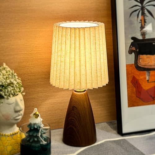 Small Pleated Table Lamp for Bedroom, Bedside Lamps for Nightstand, Dimmable Desk Lamp Ceramic Wood Grain Base Round Flaxen Fabric Shade for Living Room, Kids Room,LED Bulb Included(Art Deco)