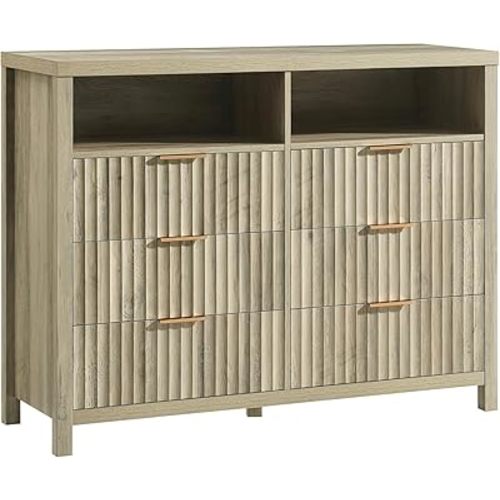 Oxford Fluted 6 Drawer Dresser for Bedroom, Wide Modern Wooden Chest of Drawers with 2 Shelves, TV Stand of Drawers, Wood Drawer Organizer, 46.5" W x 37" H x 15.4" D (Sunwashed Ash Oak)