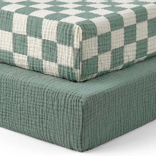 Blissful Diary Muslin Crib Sheets for Girl Boy, Boho Neutral Soft Cotton Baby Sheet for 52''x28'' Standard Crib Mattress, 2 Pack(Sage Checkboard & Sage Green)