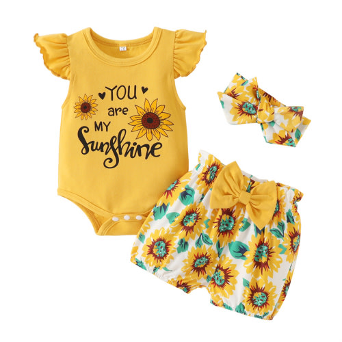 Viworld Infant Baby Girl Clothes "You are my sunshine" Short Sleeve Romper + Floral Shorts Pants + Headband Outfits,3-6M