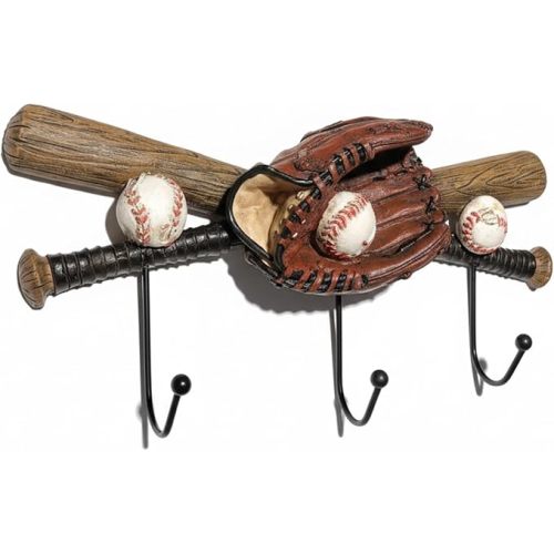 Baseball Coat Rack with 3 Hooks Resin Wall Decor for Boys Baseball Players,Coaches,Teen Fans Bedroom,Man Cave or Entryway (Brown)