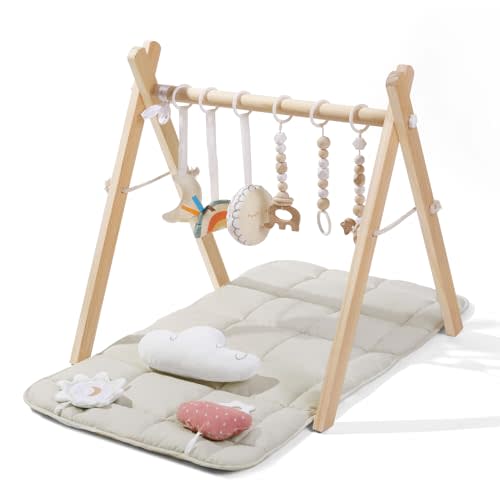 Baby Gym with Mat, Wooden Play Gym with 9 Sensory Toys, Foldable Baby Play GymFrame Activity Center, Natural Pine Wood, Montessori Toys, Easy to Assemble & Clean, Natural Color
