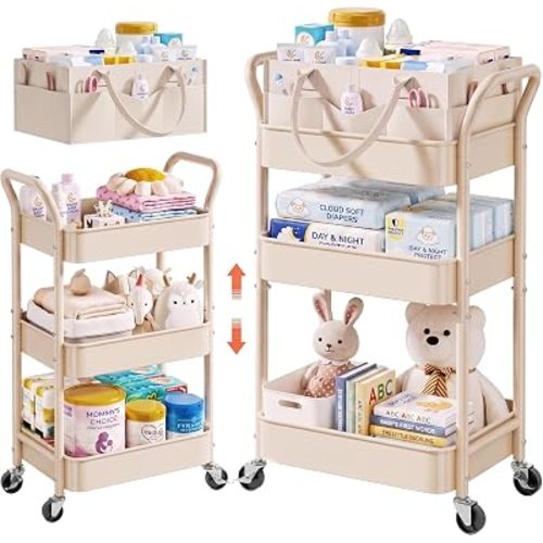 2-in-1 Diaper Cart Organizer, Beige 3 Tier Rolling Diaper Caddy with Wheels