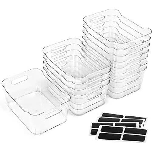 12 PACK Multi-Use Clear Plastic Storage Bins for Organizing w/ Labels - Home, Kitchen, Bathroom, Office, Pantry Cabinet Shelf Organizer Bins - SOHO Collection, RV, Fridge Organization Containers