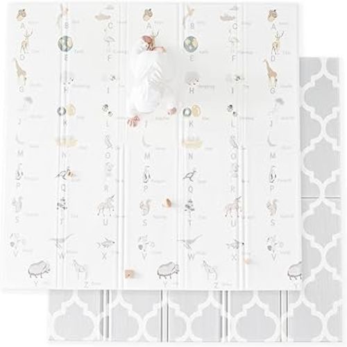 Cuddle & Learn Playmat by Fortella, Foldable Foam Baby Play Mat for Floor, Extra Large & Padded for Tummy Time and Outdoors, Portable with Travel Case (Alphabet & Moroccan 71.5x70x0.6 inch)