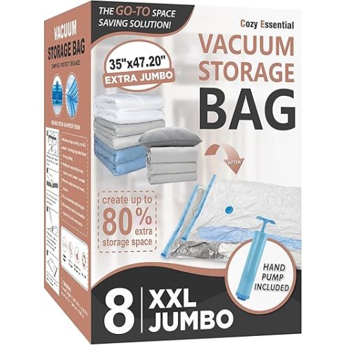 8 Pack XXL Jumbo Vacuum Storage Bags, Extra Jumbo Vacuum Sealed Bags for Comforters, Bedding, Blanket Storage, Space Saver Extra Large Vacuum Storage Bags for Huge Stuffed Toy(47.2x35 in)