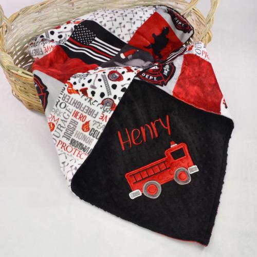 Personalized Firetruck Minky Baby Blanket, Firefighter Keepsake Baby Gift