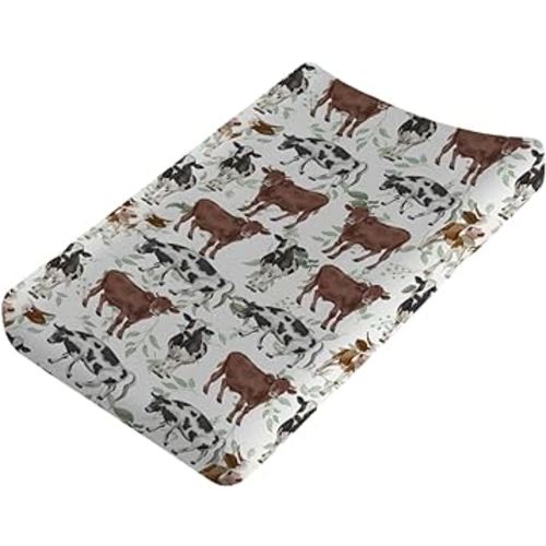Farm Cows Boho Leaves Changing Pad Cover Watercolor Cows Green Leaves Baby Diaper Changing Pad Cover for Boys Girls Soft Breathable Stretch Fitted Baby Changing Pad Covers 32''x16''