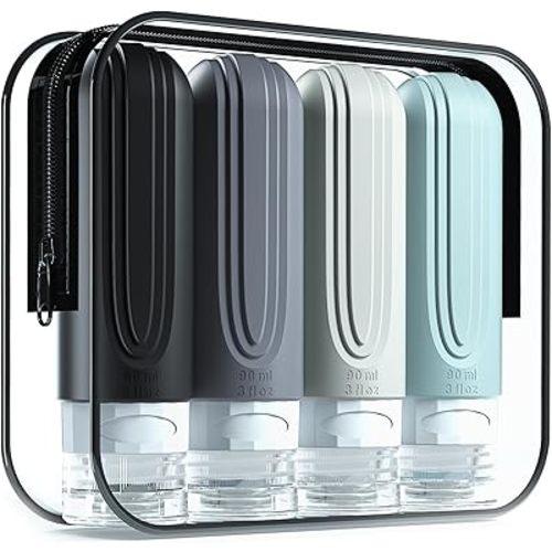 Travel Bottles for Toiletries, Tsa Approved 3oz Travel Size Containers BPA Free Leak Proof Refillable Liquid Silicone Squeezable Travel Accessories for Shampoo Conditioner Lotion (4 Pack)