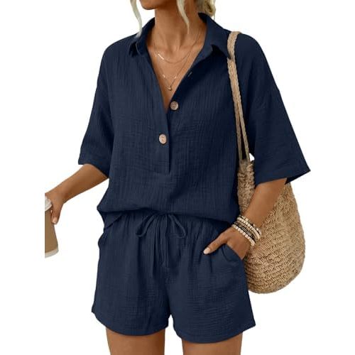 LILLUSORY Women 2 Piece Linen Short Sets 2026 Summer Vacation V Neck Short Sleeve Beach Outfits Oversized Button Cotton Pjs