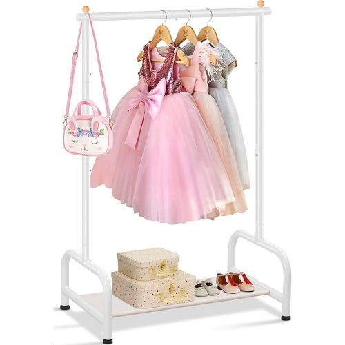 SLEEPING LAMB Kids Clothing Rack, Small Baby Clothes Rack with Bottom Storage Shelf, Kids Dress Up Rack Storage for Coats, Dance Costume Garment Rack for Hanging Clothes, White