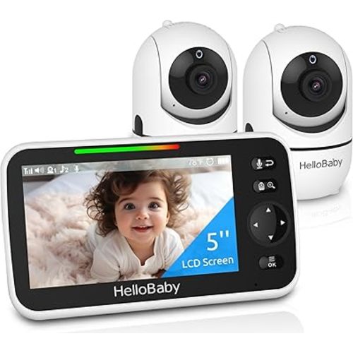 HelloBaby Upgrade 5’’ Baby Monitor with 30-Hour Battery, 2 Cameras Pan-Tilt-Zoom, 1000ft Range Video Audio Baby Monitor No WiFi, VOX, Night Vision, 2-Way Talk, 8 Lullabies and Temperature