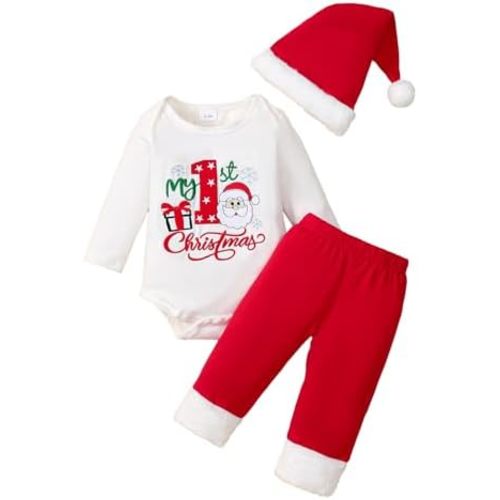 Baby Boy Christmas Outfit My First Christmas Romper+ Plush Pants+ Santa Hat 3PC Clothes Set