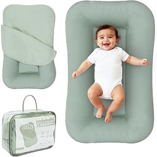 Aila + Aiden Baby Lounger | Organic Cotton Infant Lounger | Adjustable & Portable Floor Lounger | Supervised Use | Soft, Breathable, Washable Cover - Snuggle Collection - (Sage)