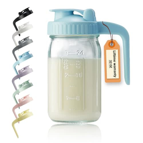 32oz Glass Pitcher with Lid & V-shaped Pour Spout - 1 Quart Breastmilk Pitcher Double Leak Proof, Creamer Container for Sun Tea, Juice, Cold Brew Coffee, Breastmilk Storage Container
