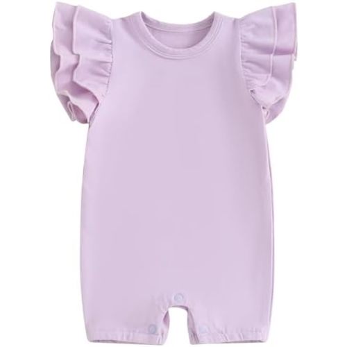 Mubineo Baby Girl Summer Basic Plain Ruffle Sleeve Bubble Romper Jumpsuit Newborn Infant Cotton Toddler Clothes Outfit