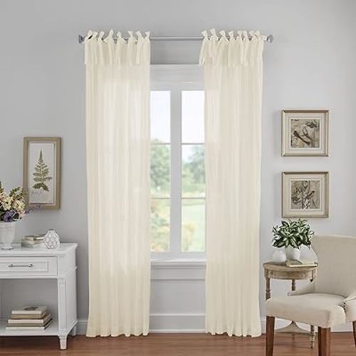 Elrene Home Fashions Jolie Crushed Semi-Sheer Window Curtain, Adjustable Tie-Top Single Panel, 52" x 95" (1 Panel), Ivory