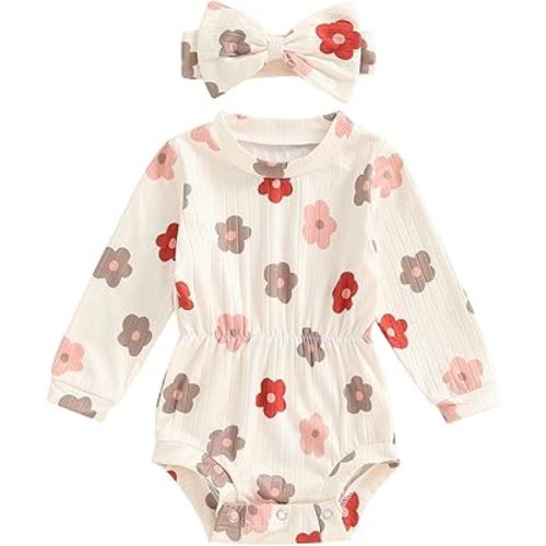 ZAXARRA Infant Baby Girl Fall Outfit Clothes Long Sleeve Knit Romper Jumpsuit with Headband Newborn Coming Home Clothing