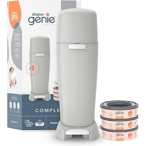 Diaper Genie Complete Diaper Pail (Grey) with Odor Control | Includes 1 Diaper Trash Can, 3 Refill Bags, 1 Carbon Filter, 4 Piece Set
