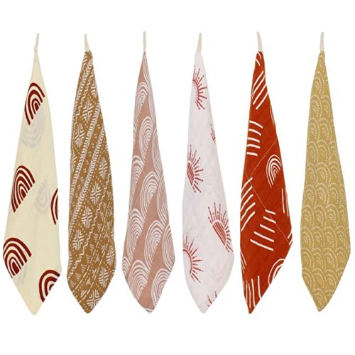 LifeTree Baby Muslin Washcloths, Soft 6 Pack Baby Wash Cloths Unisex for Boys Girls, 70% Viscose from Bamboo and 30% Cotton Bath Face Towels, Bibs for Newborn with Sensitive Skin, 10.2x10.2 inches - 6 Pack Boho Pattern