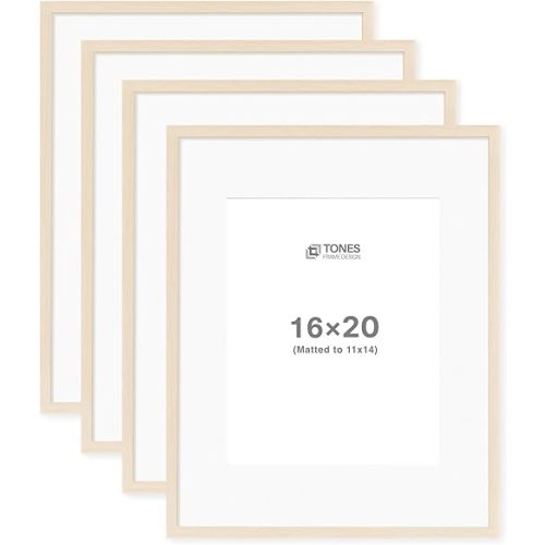 16x20 Picture Frame Set of 4 - Beige Finish with Natural Woodgrain Texture Frames, Shatterproof Plexiglass, 16 by 20 inches Open Display, Easy Hanging Wall Decor