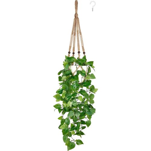Mkono Fake Hanging Plant with Pot, Artificial Plants for Home Spring Decor Indoor Macrame Plant Hanger with Faux Vine Hanging Planter Greenery for Bedroom Bathroom Kitchen Office, Brown (Pothos)