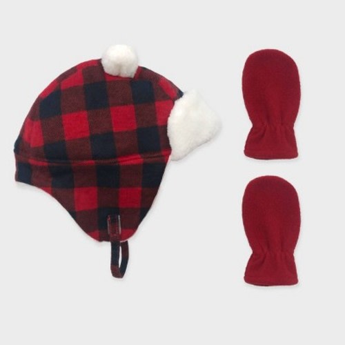 Baby Boys' Buffalo Plaid Trapper and Fleece Mittens Set - Cat & Jack™ Black/Red, Size: Newborn