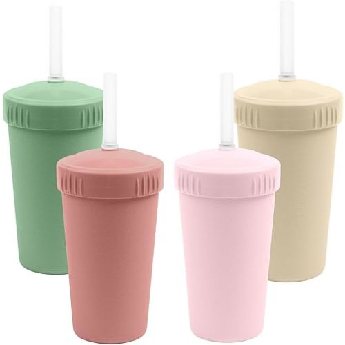 Re-Play 10 oz. Straw Cups for Kids with Silicone Locking Straws - Dishwasher & Microwave Safe - Made in USA - Set of 4-7.37" x 7.37" x 1.25" - Desert Roses