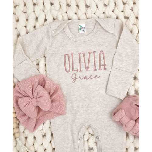 personalize embroider pink baby girl romper set coming home outfit with name milestone photo bodysuit custom baby shower new mom gift idea