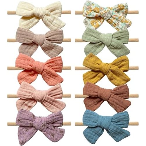 Cherssy Baby Muslin Hair Bows and Headbands, 10pcs Soft Nylon Hairbands for Newborn, Infants, Toddlers
