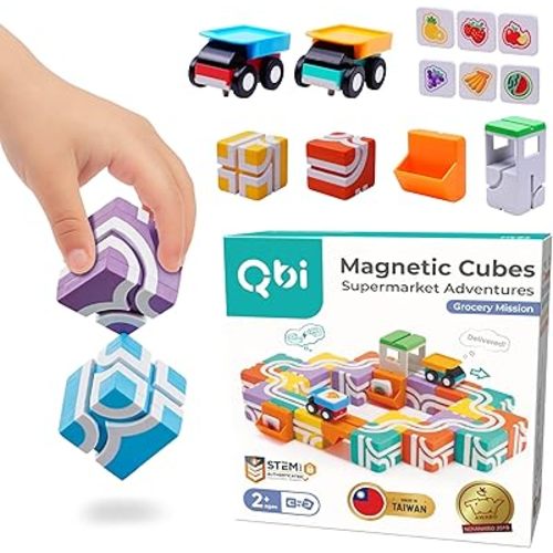 QBI Magnetic Blocks for Toddlers Ages 2-4|STEM Magnetic Building Blocks with Trucks & Fruit Tiles|Montessori Magnet Building Cubes for Kids|Educational Gifts for Boys & Girls Ages 2+ (32PCS)