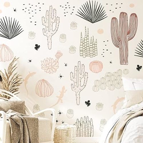 Cactus Wall Decals Peel and Stick for Bedroom, Hand-Drawn Cactus Wall Stickers, Vinyl Cactus Wall Stickers for Living Room Nursery Office Classroom