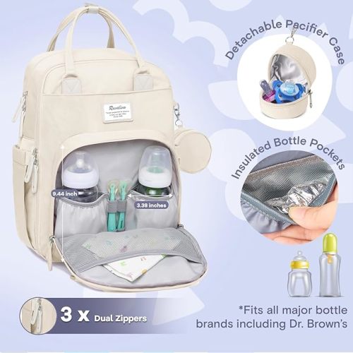 RUVALINO Diaper Bag Backpack, Multifunction Travel Pack Maternity Baby Changing Bags, Large Capacity, Waterproof, Beige