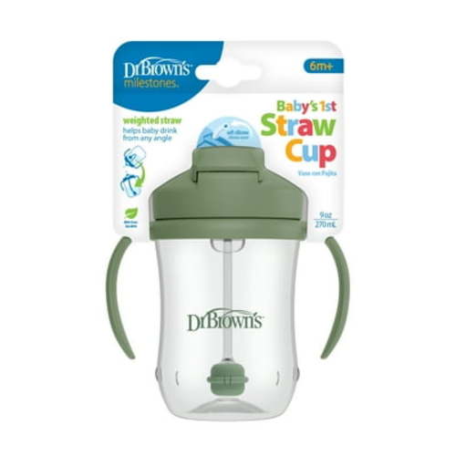 Dr. Brown's Milestones Baby's First Straw Cup with Weighted Straw, 9oz, Olive Green, 6m+, 1 Pack