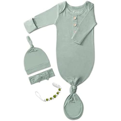 Newborn Baby Knotted Gown, Super Soft Silky Infant Sleeper, Baby Girl Sleep Gown with Mittens, Bow, Clip and Hat Set