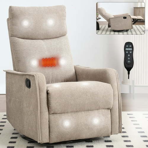 Bellemave Manual Recliner Chair with Massage and Heating Home Theater Recliner Rocking Chair Nursery Swivel and Rocker Chair with High Back in Fabric for Living Room, Bedroom (Khaki)