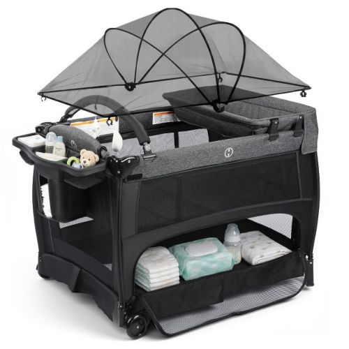 Kinder King 5-in-1 Baby Playard with Bassinet, Bedside Sleeper, Changing Table, Canopy & Side Zipper, Portable Baby Playard