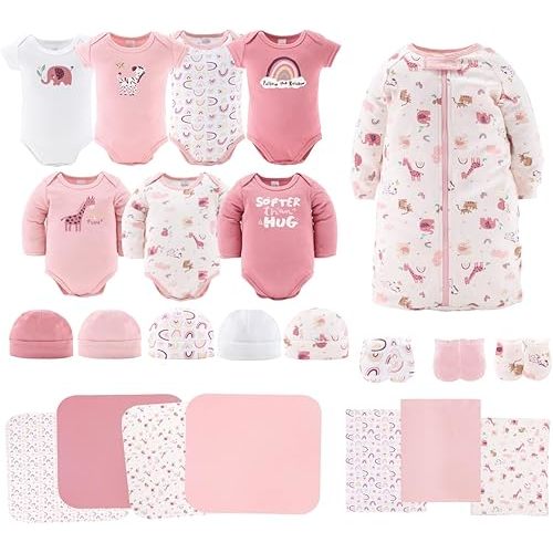 The Peanutshell Baby Layette Gift Set for Girls - 23 Piece New Born Girl Gift Set, Baby Clothes & Newborn Essentials Must Haves - Newborn Clothes 0-3 Months - Rainbow Safari