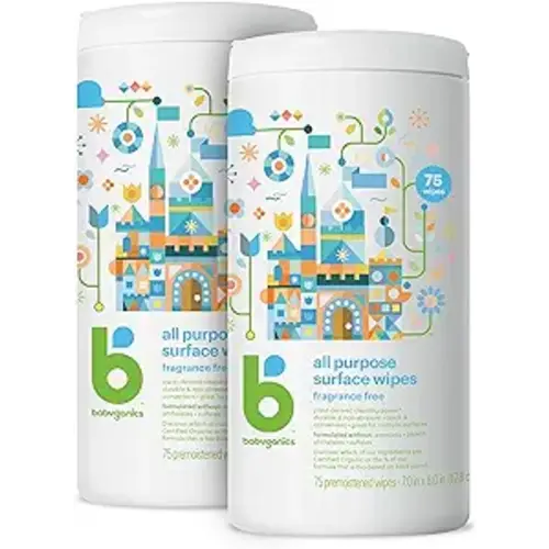 Babyganics All Purpose Surface Wipes, Fragrance Free, 75 Count (Pack of 2), Plant Based and Non-Abrasive, No Ammonia, No Bleach