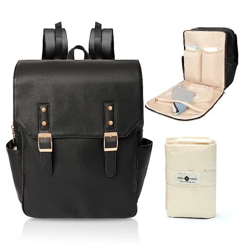 Leather Diaper Bag Backpack Diaper Bag Purse by miss fong, Baby Diaper Bag for mom dad with 12 Diaper Bag Organizers, Changing Pad and 4 Insulated Pockets, Faux Leather Diaper Bag Backpack(Black)