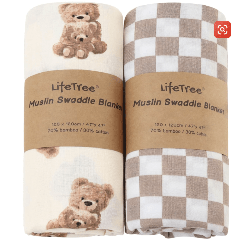 LifeTree Muslin Swaddle Blankets, Baby Swaddling Wrap Nursery Blanket Unisex, Soft 70% Viscose from Bamboo and 30% Cotton, Large 47 x 47 inches, Bear & Checkered Swaddle Blanket