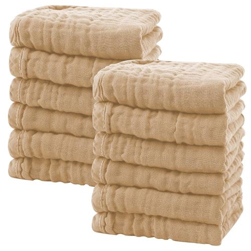 SWEET DOLPHIN 12 Pack Baby Muslin Washcloths - Soft Face Cloths for Newborn, Absorbent Bath Wash Cloths, Wipes, Burp Rag - Toddlers Essentials Stuff, Baby Registry as Shower -10"x10", Brown