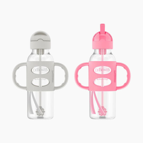 Dr. Brown's Narrow SIPPY STRAW Bottle 3/Silicone Handles - Gray & Pink, 8 Oz, 2
