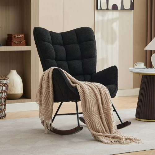 JUSTLET Rocking Chair for Nursery, High Backrest, Comfortable Teddy Padded Seat for Living Room Bedroom Baby Room, Black