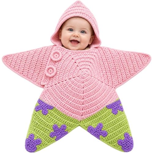 Hand-Crocheted Starfish Onesie, Baby Swaddle Sleep Sack, Cozy Hooded Star Dress for Photos