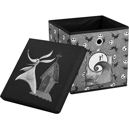 Idea Nuova The Nightmare Before Christmas Collapsible Storage Cube with Removable Lid,10"x10"x10" Fabric Organizer Bin for Essentials