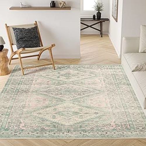 Washable Rug 9x12 - Ultra Thin Distressed Antique Area Rugs, Stain Resistant Washable Rugs for Living Room, Oriental Tribal Bedroom Rugs(Pale Green/Blush, 9'x12')