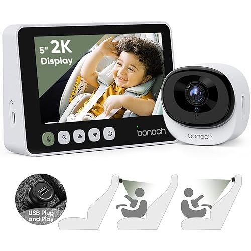 bonoch Baby Car Camera - 5'' 2K Car Seat Camera for Baby Rear Facing, Easy Setup Backseat Camera for Baby with Car Charger, USB Powered Car Baby Monitor with Camera Night Vision, 4X Zoom