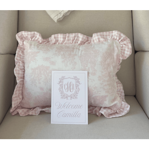 Light Pink Toile Baby Pillow Sham with Ruffle ** with MONOGRAM