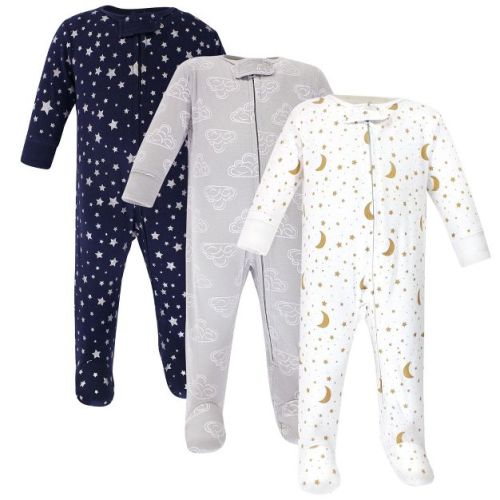 Hudson Baby Baby Cotton Zipper Sleep And Play 3pk, Navy Stars Moons, 0-3 Months